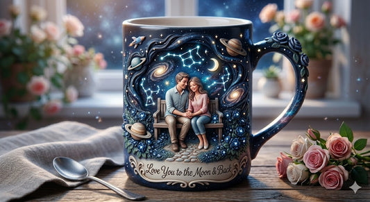 Love You to the Moon & Back 3D Embossed Celestial Mug – Galaxy Couple