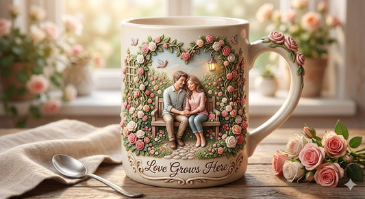 Love Grows Here 3D Embossed Floral Mug – Secret Garden Couple